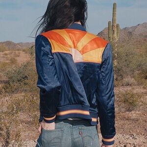 Classic Rock Couture Original Blue Rising Sun Retro Bomber Jacket